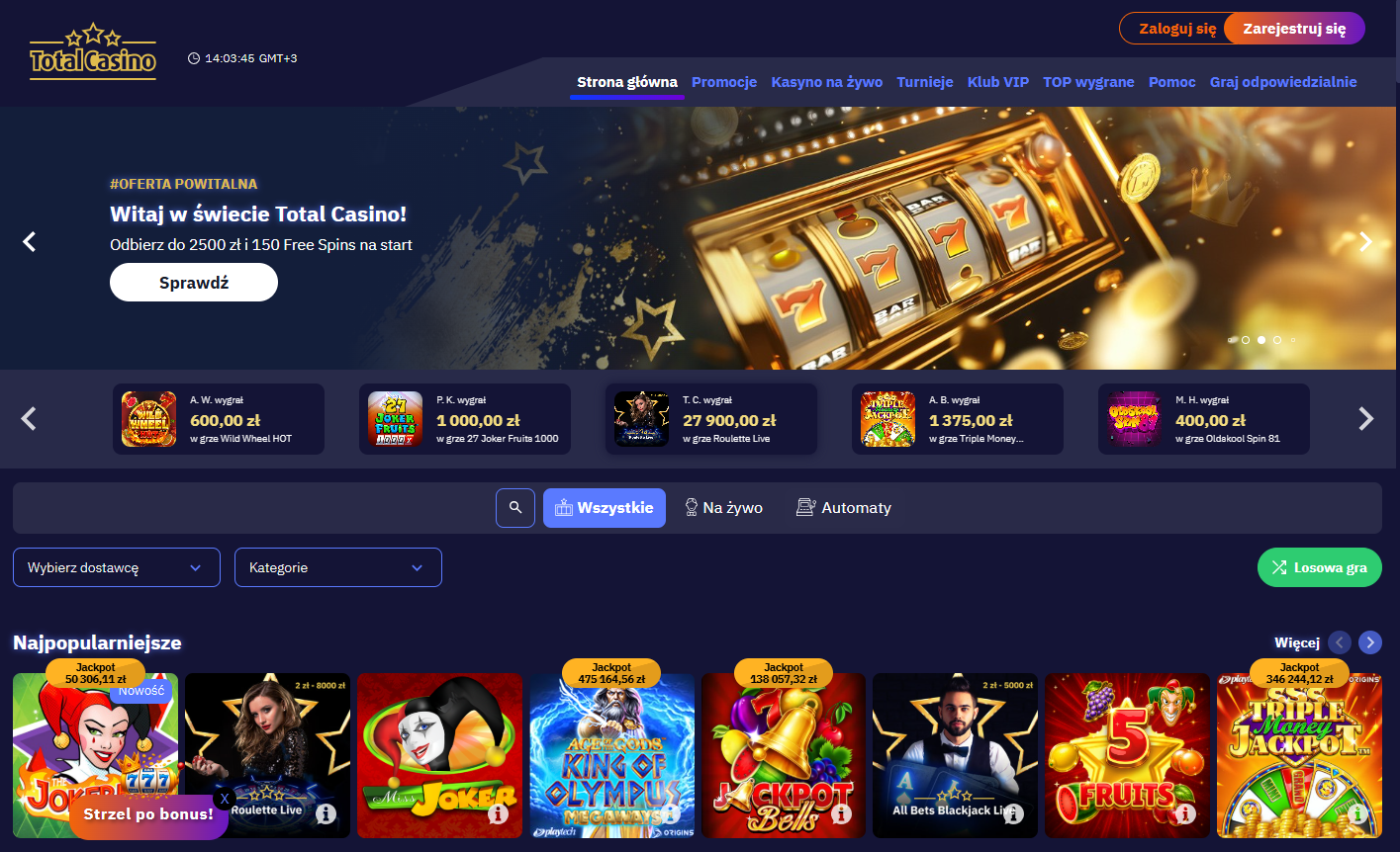 Zrzut ekranu strony Total Casino
